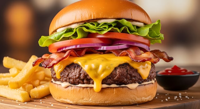 Cheeseburger with bacon and fries photo