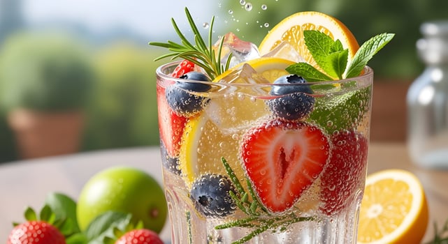 Fruit sparkling water with lemon and mint photo