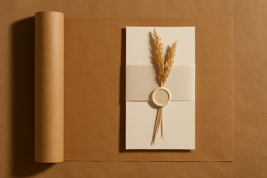 Minimal wedding invitation mockup on kraft paper blank card with belly band, wax seal and wheat stems. Warm soft light, top view, neutral rustic aesthetic, copy space. photo