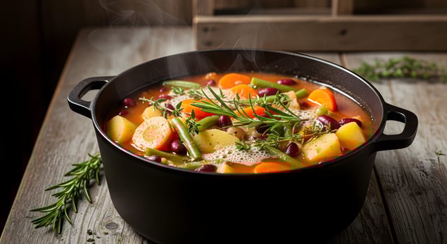 Vegetable soup in black pot photo