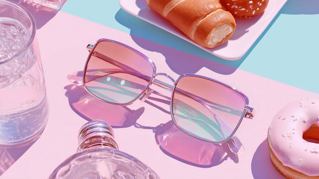 Trendy holographic sunglasses with iridescent rainbow reflections on pastel pink blue background. Perfect summer vacation vibes, modern fashion accessory with prismatic gradient aesthetic. photo
