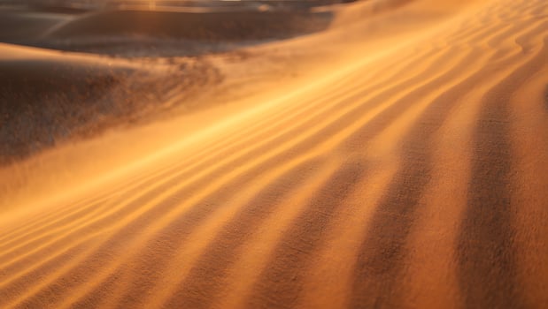 Golden sand dunes shaped by wind under warm sunlight photo