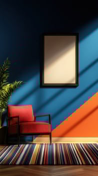 Red armchair, sunlit room, mockup poster, colorful wall, interior design photo