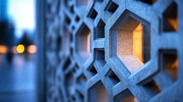 Concrete screen, geometric pattern, city twilight, background blur, design texture photo