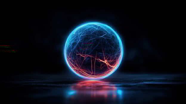 Glowing energy sphere, dark background, reflection, digital art photo