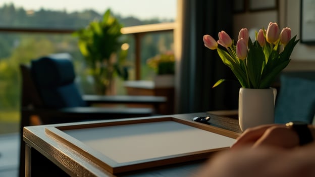 Balcony sunrise, person framing mockup, tulips, view photo