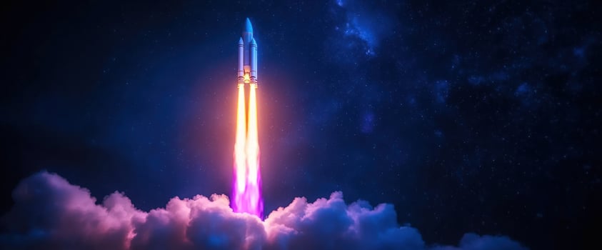 Rocket launch through clouds against starry night photo