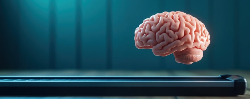 Brain on treadmill, teal background, health concept photo