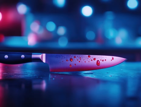 Bloody knife, kitchen counter, night, blurred background, crime scene photo