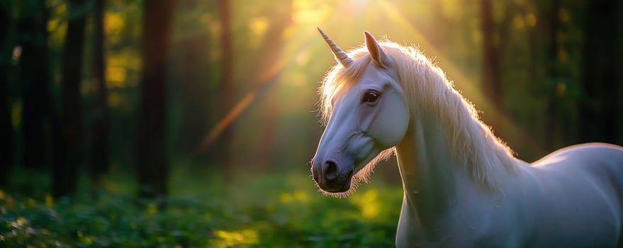 Majestic unicorn in sunlit forest, fantasy art photo