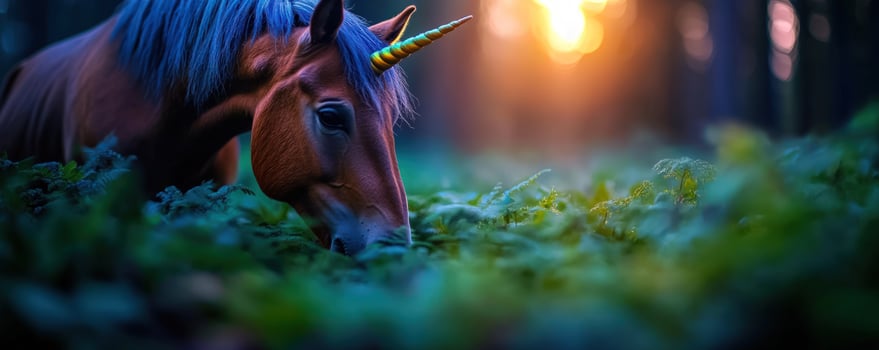 Magical unicorn grazing sunset forest fantasy photo