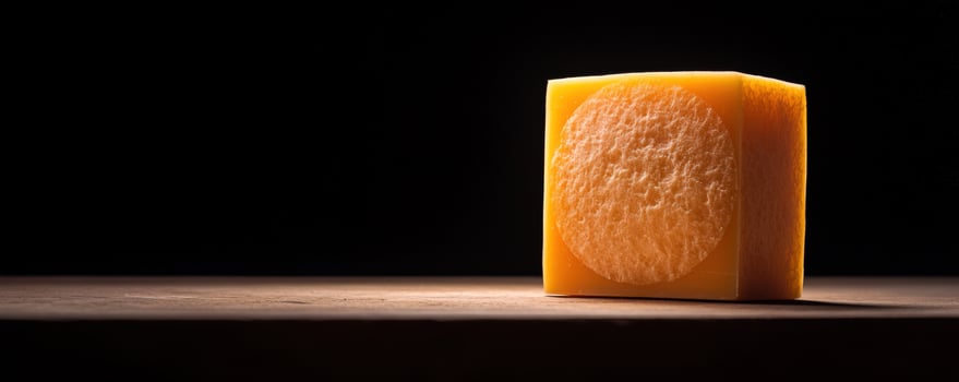Square cheese block on wood, dark background, food photography photo