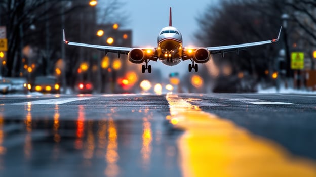 Airplane landing city street winter night traffic photo