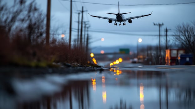 Plane landing near highway, rainy night, city lights photo