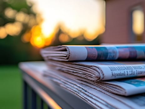 Evening news stack outdoors sunset background photo