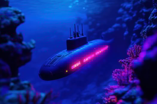 Underwater Sub, Neon Lights, Coral Reef, Ocean Exploration photo