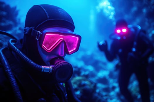 Diver exploring vibrant coral reef, underwater photo
