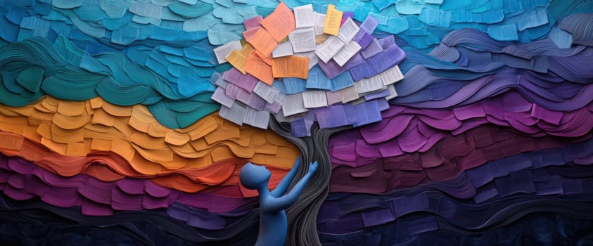 Figurine embracing knowledge tree, colorful paper background photo