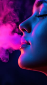 Woman exhales vibrant vapor, neon studio, dark background, advertising photo