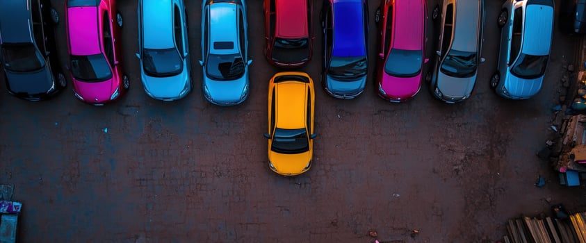 Aerial view Yellow car parked among colorful cars in a lot, urban background photo