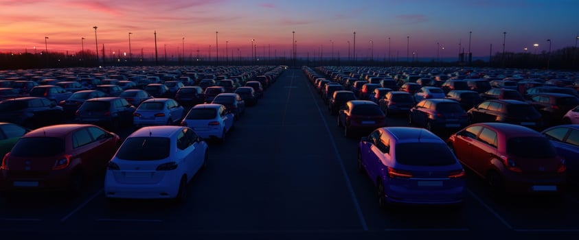 Sunset Car Park Rows of vehicles at dusk, industrial background, transportation photo
