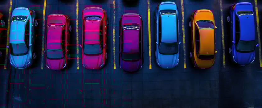 Colorful cars parked in lot at night photo
