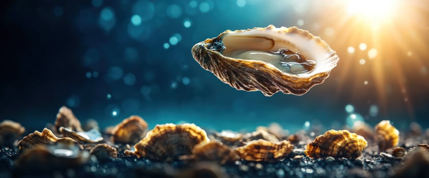 Single oyster levitates above others on seabed, sunlit photo