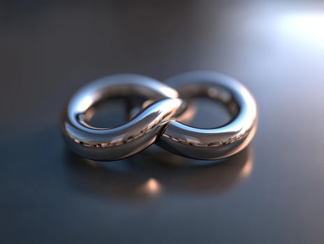 Metallic infinity symbol reflecting, dark surface, concept photo