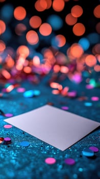 Blank card, confetti, bokeh lights, festive celebration, mockup photo