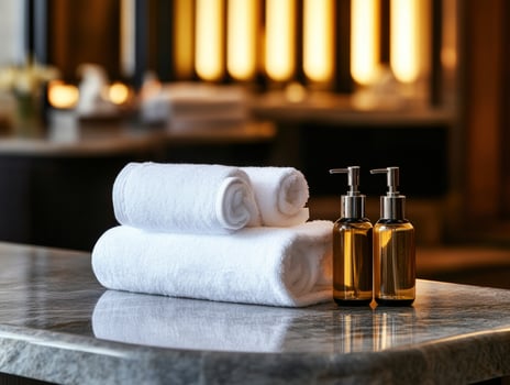 Luxury hotel bathroom amenities towels, lotions, marble photo