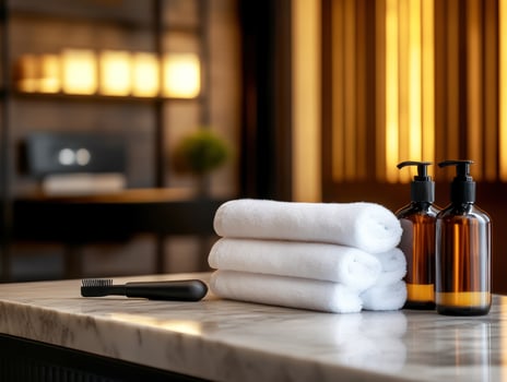 Spa towels, bottles, brush, marble counter, zen background photo