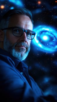 Confident scientist, cosmic background, research photo