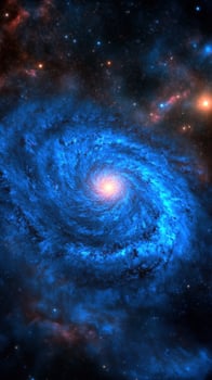 Blue spiral galaxy swirling in space, cosmic background, science photo
