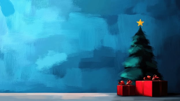 Festive Christmas tree, gifts, blue wall, holiday background, greeting card photo