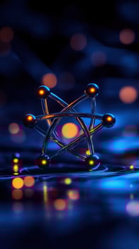 Atom model, glowing, dark background, science concept photo