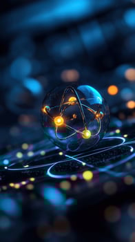 Atom model glowing, digital background, science concept photo