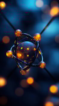 Atom model, glowing, dark background, science illustration photo