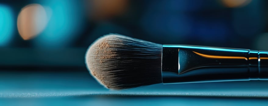 Makeup brush rests on surface, bokeh background photo