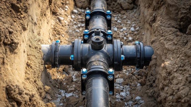 Underground plumbing installation with black pipes and fittings in a gravel trench for construction site infrastructure photo