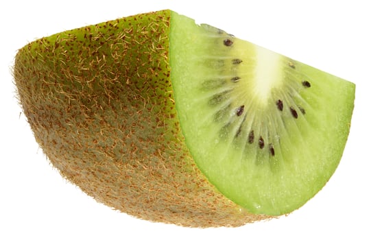 Half of ripe kiwi in brown peel on isolated background. Close up photo