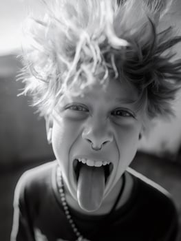 Close up black and white portrait of a rebellious preteen boy with messy hair, sticking out his tongue and wearing an earring and nose piercing photo