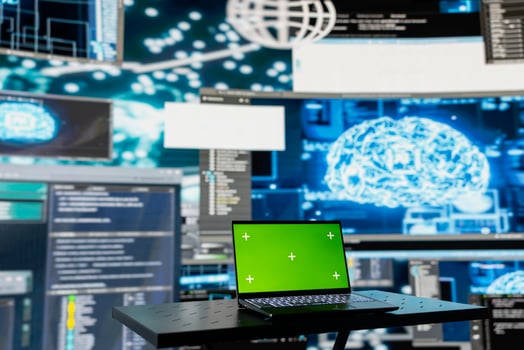 Laptop running isolated mockup screen next to AI neural networks system, used for practicing deep learning and cloud computing. Tech implementing artificial intelligence brain. photo