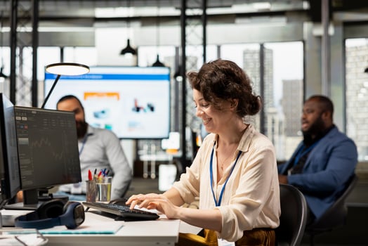 Office administrator analyzes global market data and cryptocurrency trends for a multinational company, leveraging technology and business strategy to drive results. Objectives achievement. photo