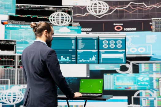 Entrepreneur using isolated mockup screen for a digital analysis, ensures financial planning and business success with digital growth driven tools and monthly reports. Insightfulness. photo