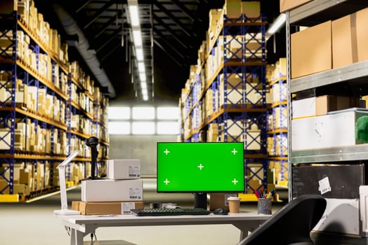 Order processing station desk with copy space on a monitor in a fulfillment center, retail import export operations. Space for shipping labels, barcode tracking and inventory control systems. photo