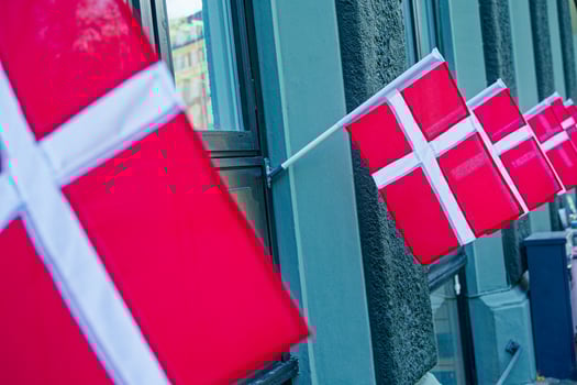 Gray building with rows of Danish flags hanging from windows at a boat tour in Copenhagen CPH photo