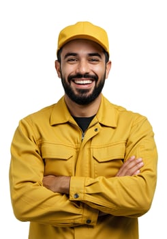 Smiling Worker Wearing Yellow Uniform Over White Background photo