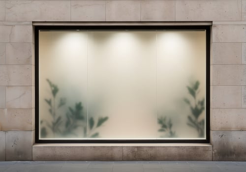 Frosted Glass Window Display With Subtle Plant Shadows for Copy Space, Logo Design Mockup photo