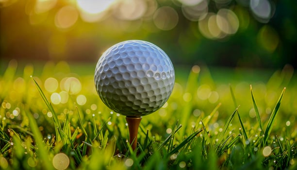 Closeup of a dimpled white golf ball on a tee, morning dew on grass photo