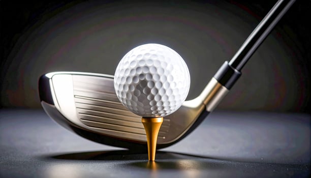 Studio shot of a white golf ball on a tee, polished metal club head slightly blurred Ai Background Image photo
